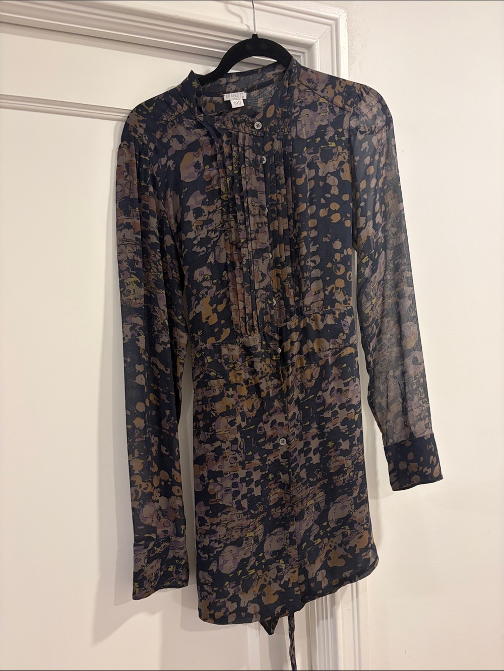 Sheer Long-Sleeve Printed Tunic Dress in Black and Olive by Unknown Brand